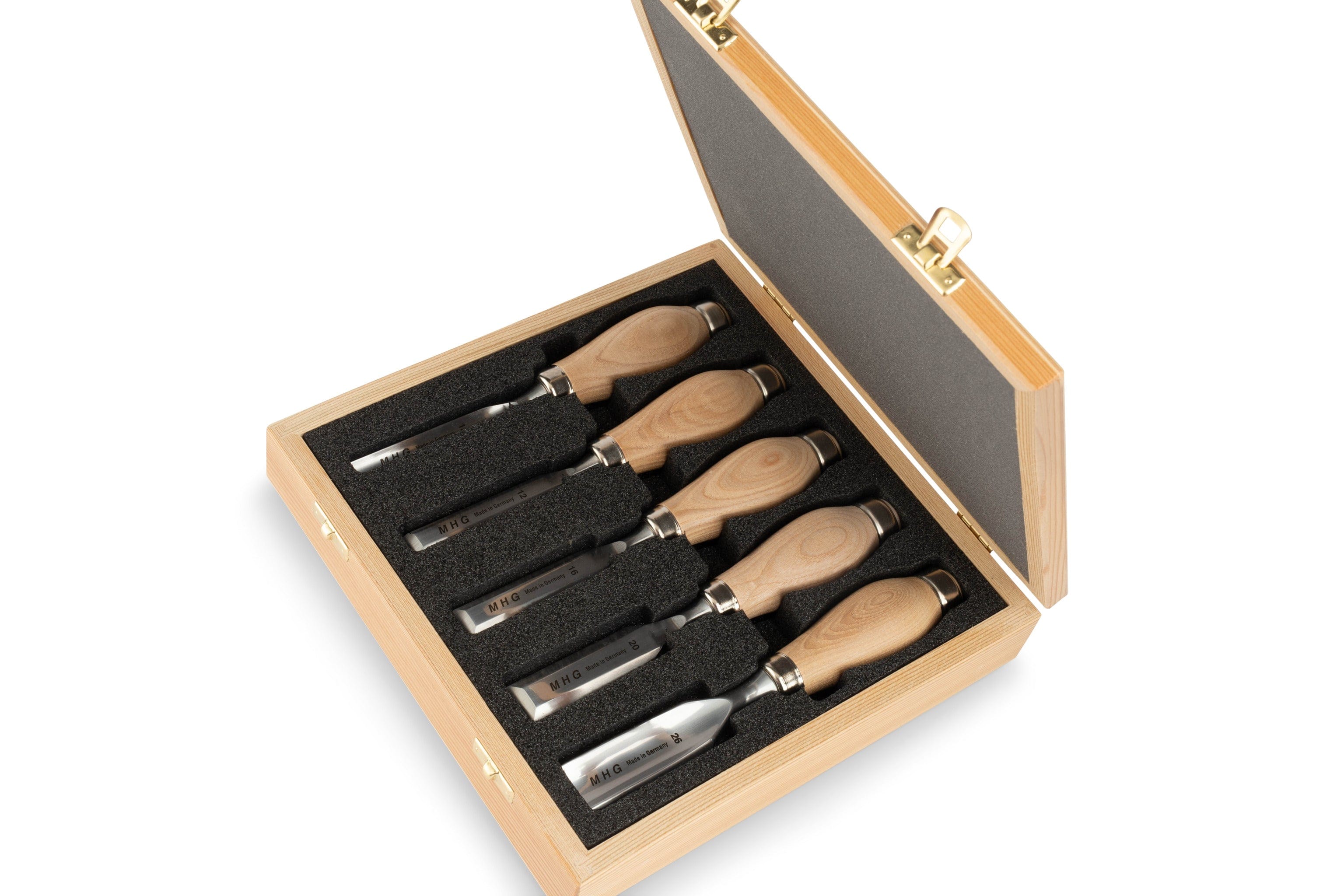 The MHG Butt Chisels and Gouges Set by MHG features six premium chisels with wooden handles and polished alloy-steel blades, neatly stored in individual foam slots inside a wooden box with a hinged lid.