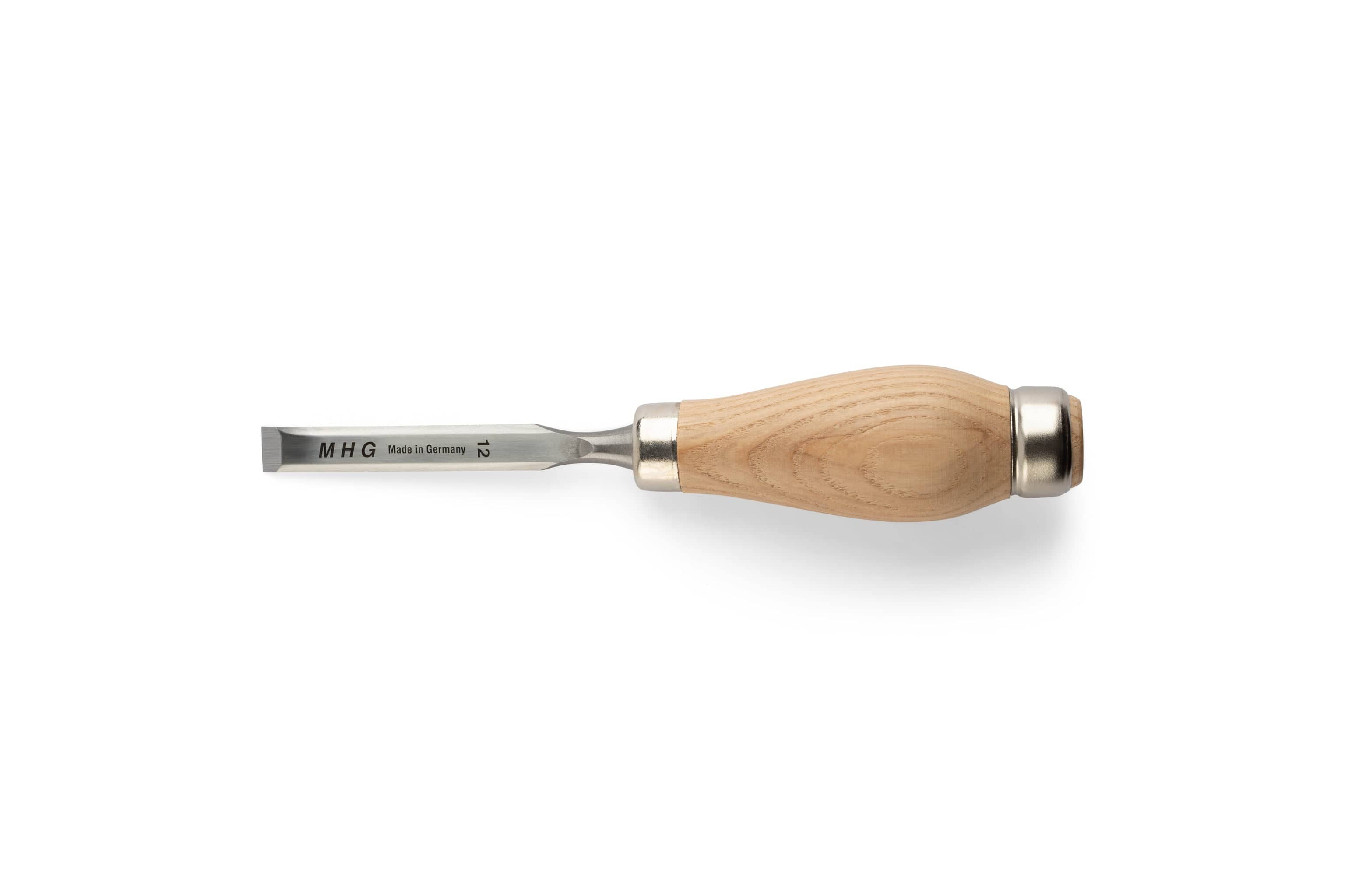The MHG Butt Chisels and Gouges Set, featuring wood handles and alloy-steel blades engraved with MHG Made in Germany, is shown on a white background—ideal for those seeking premium tools for fine woodworking.