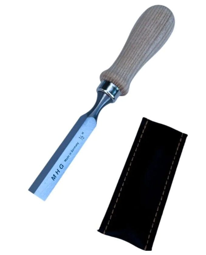 The MHG Corner Bench Chisel by MHG features a light wooden handle and a chrome vanadium steel blade, shown next to a black protective sleeve with brown stitching.
