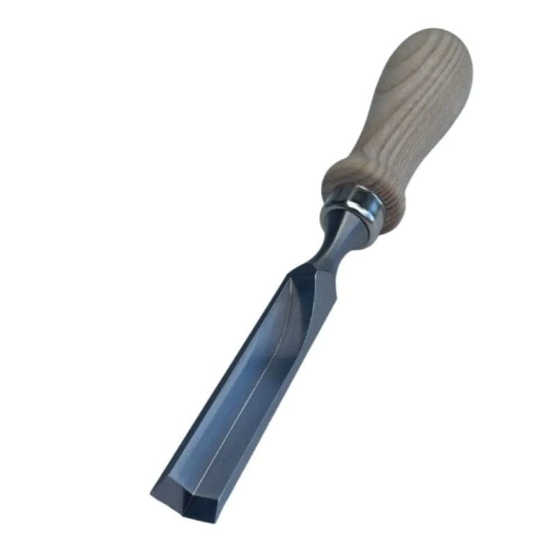 The MHG Corner Bench Chisel by MHG features a curved, sharp chrome vanadium steel blade and a rounded wooden handle, ideal for detailed woodworking and sculpting tasks.