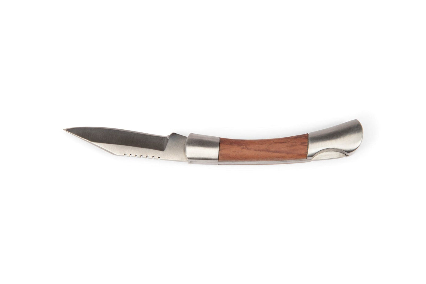 The Myron Shelter Institute Pocket Knife features a stainless steel blade and rosewood handle, displayed open against a white background.