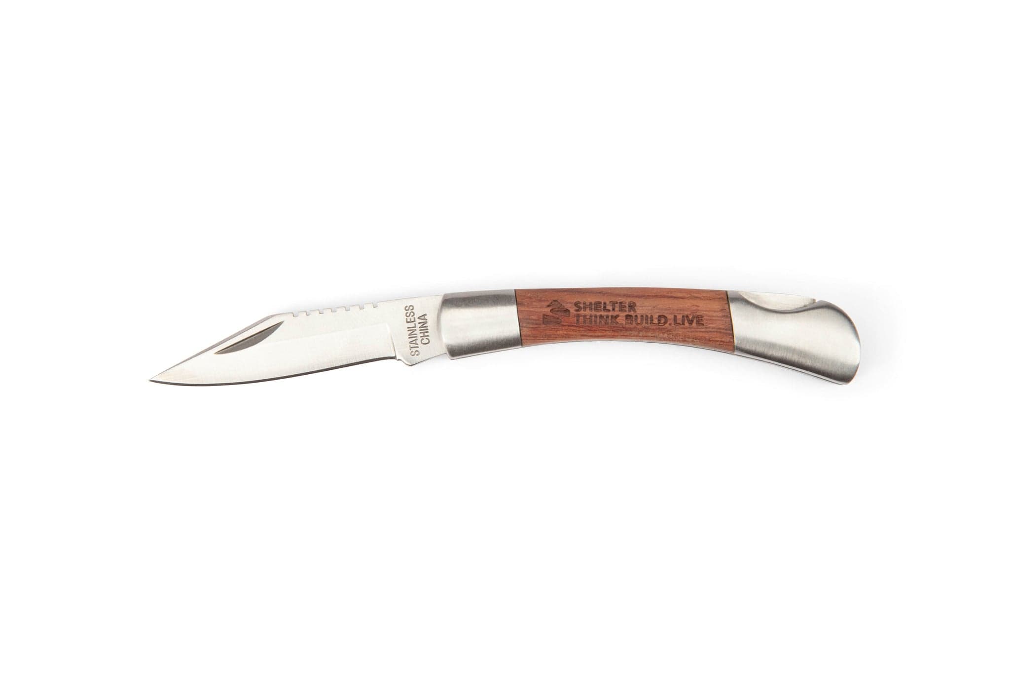 The Myron Shelter Institute Pocket Knife features a stainless steel blade, rosewood handle with engraved text and metallic ends. Shown open against a plain white background.
