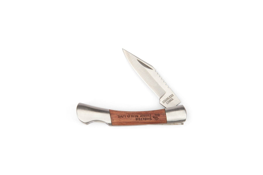The Myron Shelter Institute Pocket Knife features a partially serrated stainless steel blade and a rosewood handle engraved with text, displayed open on a white background.