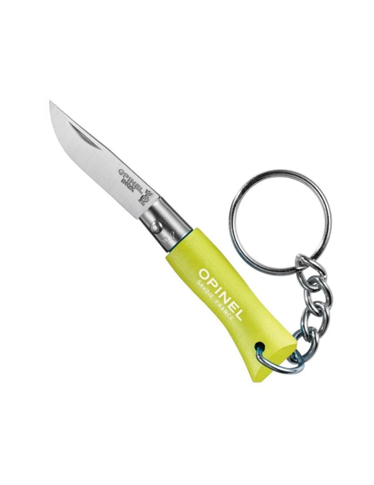 The Opinel Keychain Knife No. 04 is a compact folding knife with a green handle, stainless steel blade, and keychain. The Opinel brand name is elegantly displayed on the handle—perfect for everyday carry.