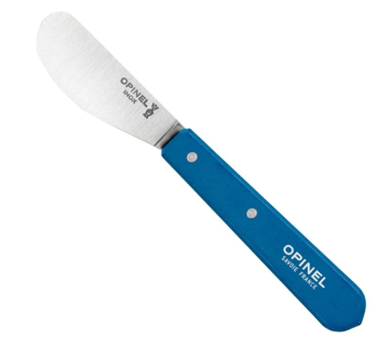 The Essential Spreading Knife - Individual by Opinel features a rounded high-carbon stainless steel blade, a durable blue handle with two rivets, and is an essential kitchen tool from the trusted Opinel brand.