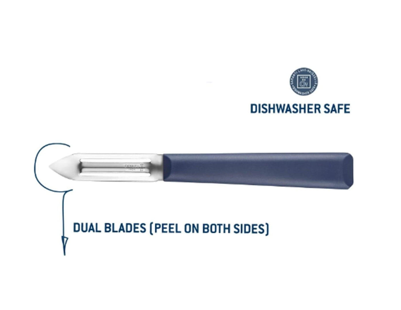 The Opinel Essential Stationary Peeler features dual stainless steel blades with a blue handle, is dishwasher safe, and includes arrows indicating peeling action on both sides for efficient and easy use.
