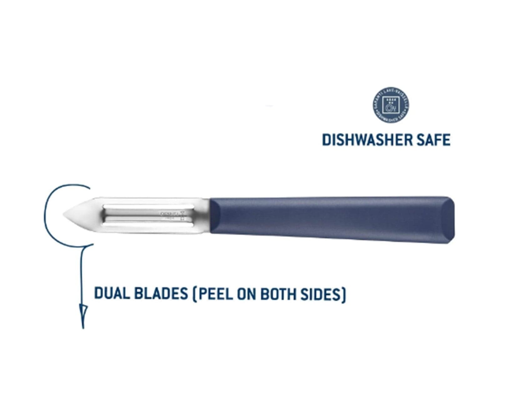 The Opinel Essential Stationary Peeler features dual stainless steel blades with a blue handle, is dishwasher safe, and includes arrows indicating peeling action on both sides for efficient and easy use.