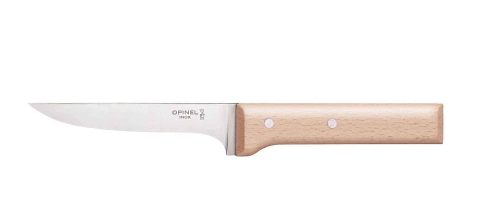 The Opinel Parallele Knife Collection features a stainless steel chefs knife with a straight-edged blade and a light-colored wooden handle, displayed against a white background.