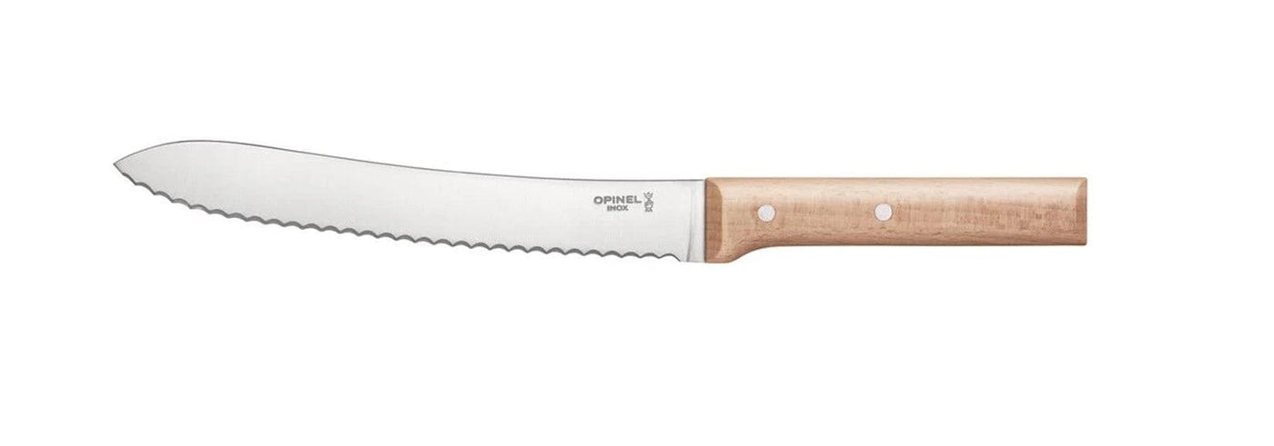 The Opinel Parallele Knife Collection bread knife features a serrated stainless steel blade and a light wooden handle, shown against a white background.