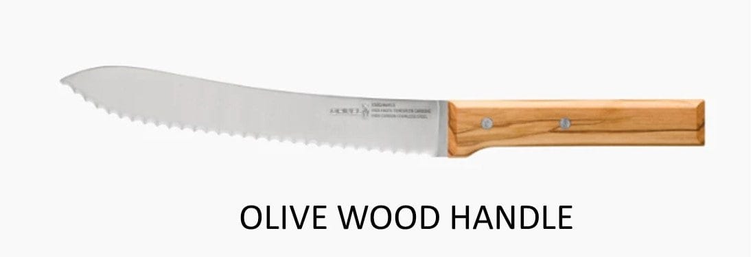 The Opinel Parallele Knife Collection features a serrated bread knife with a stainless steel blade and an olive wood handle, shown on a plain background—ideal for any baker or chef’s cutlery set.