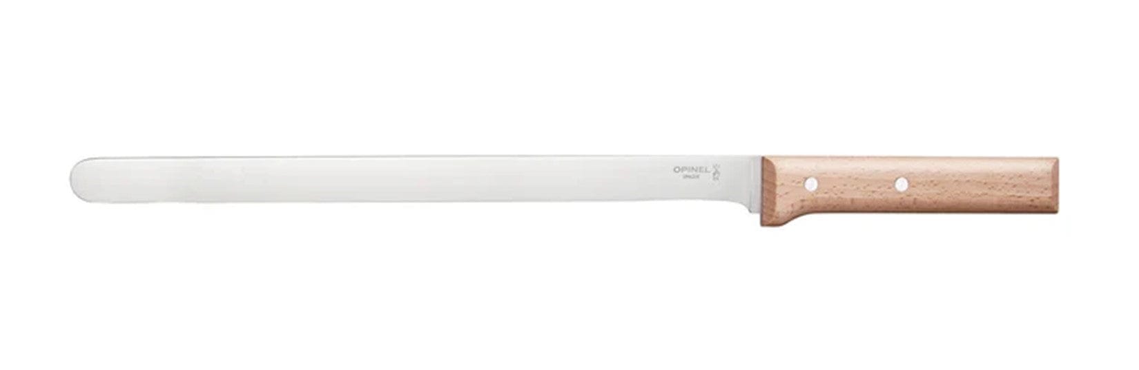 The Parallele Knife Collection by Opinel features a long, straight-bladed chefs knife with a rounded tip and a wooden handle with two rivets, shown on a white background.