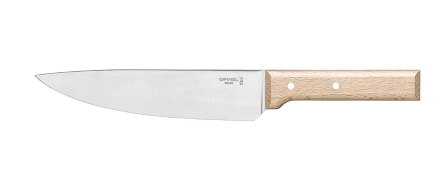 An Opinel Parallele Knife Collection chef’s knife with a wooden handle, two rivets, and the Opinel logo on its stainless steel blade is displayed against a white background.