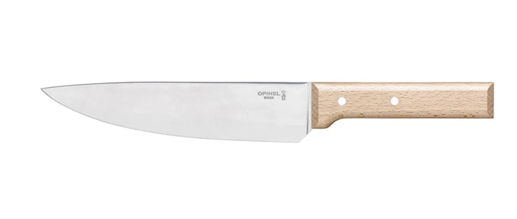An Opinel Parallele Knife Collection chef’s knife with a wooden handle, two rivets, and the Opinel logo on its stainless steel blade is displayed against a white background.