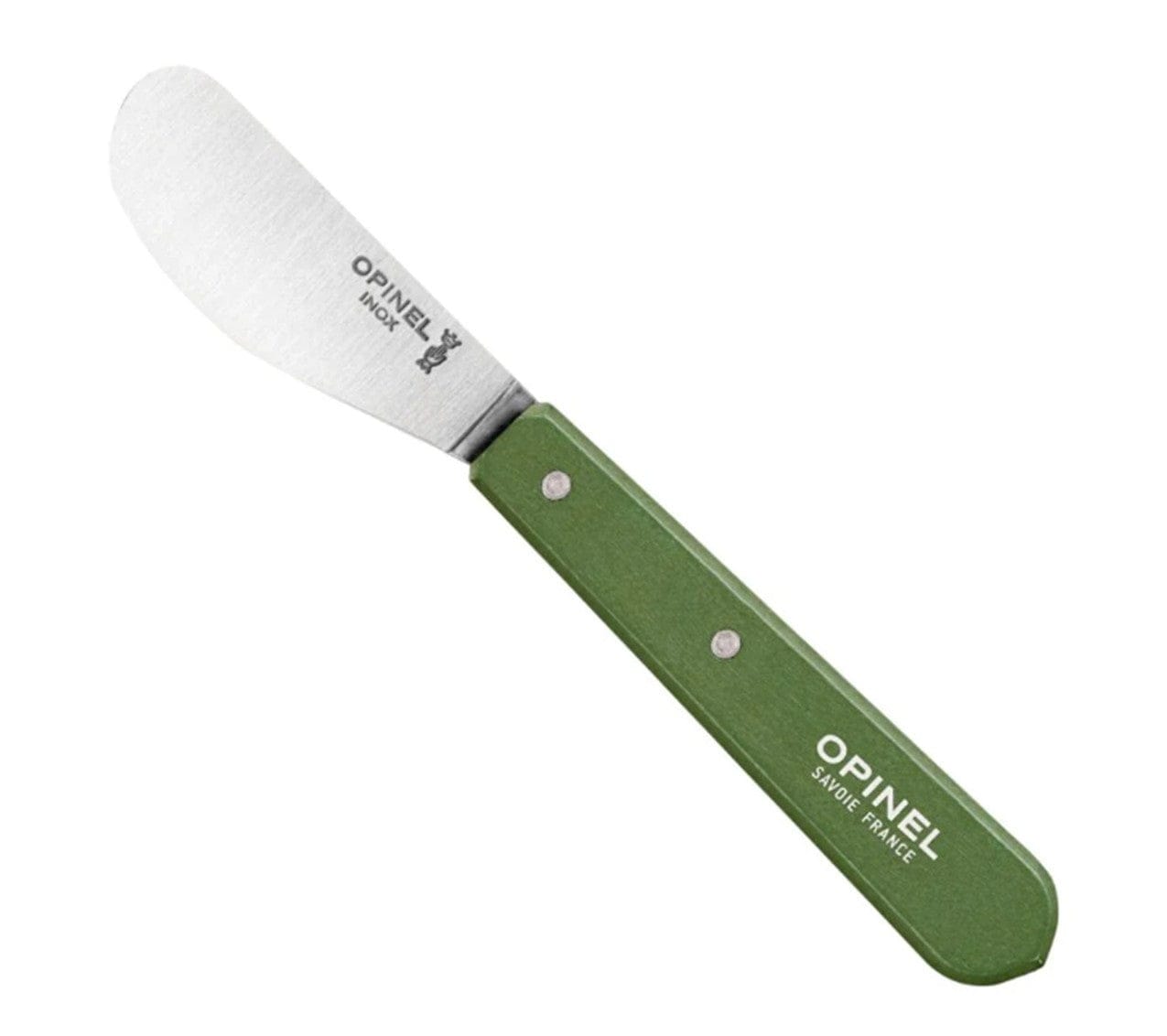 The Opinel Essential Spreading Knife features a rounded high carbon stainless steel blade and green handle, with the brands name and logo on both—making it an essential kitchen tool for effortless buttering.