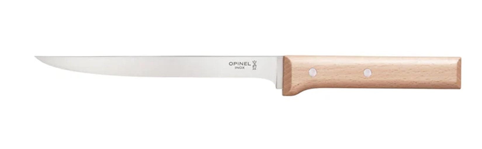 The Opinel Parallele Knife Collection fillet knife features a long, narrow stainless steel blade and a light wood handle with two metal rivets—perfect for precision tasks alongside your chefs or Santoku knife.