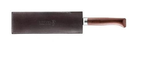 The Le Forges 1890 Kitchen Knife by Opinel is a rectangular kitchen cleaver made from durable X50CrMoV15 steel, featuring a dark wooden handle and a broad, flat blade facing upwards.