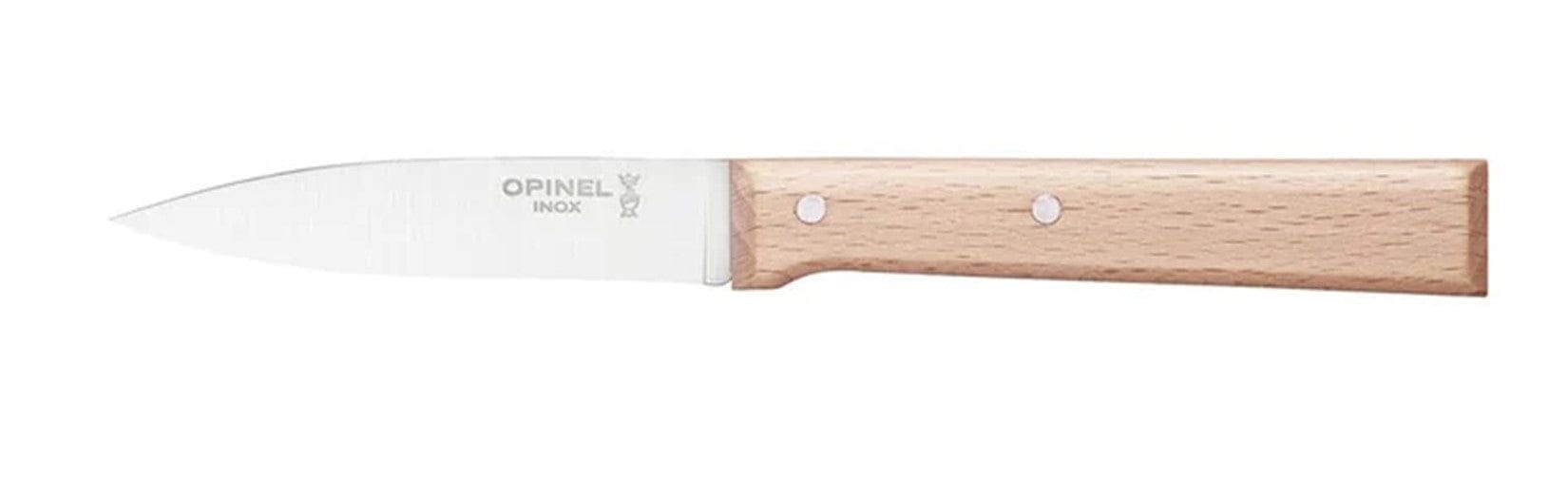 A stainless steel paring knife from the Opinel Parallele Knife Collection features a wooden handle with two rivets and rests on a white background—ideal for precision tasks to complement your chefs or bread knife.