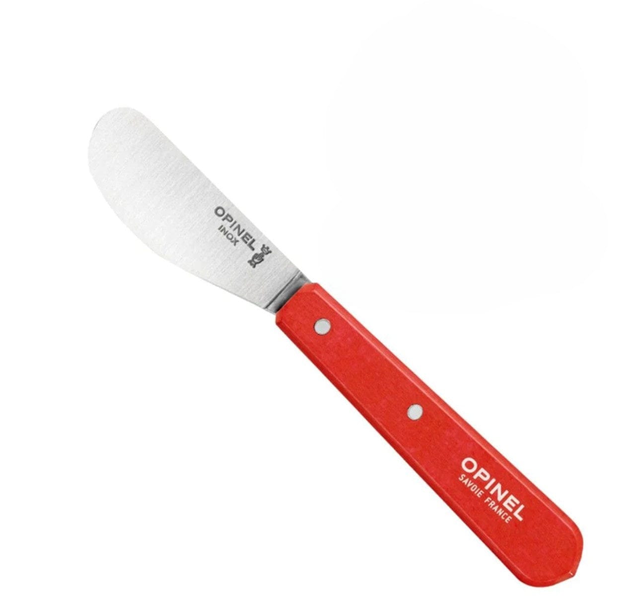 The Opinel Essential Spreading Knife - Individual features a rounded high carbon stainless steel blade and a red handle, shown against a white background.