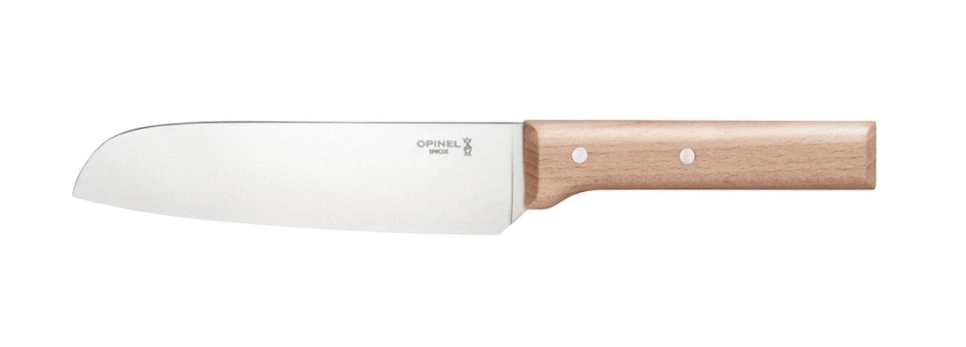 The Opinel Parallele Knife Collection features a Santoku knife with a stainless steel blade and light wooden handle—an essential alternative to the classic chef’s knife for precise slicing and dicing in any kitchen.