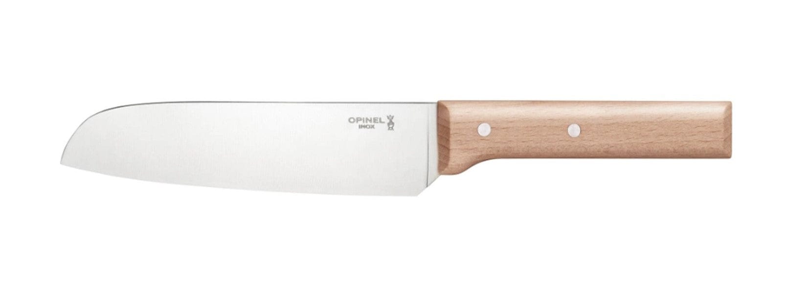 The Opinel Parallele Knife Collection features a Santoku knife with a stainless steel blade and light wooden handle—an essential alternative to the classic chef’s knife for precise slicing and dicing in any kitchen.