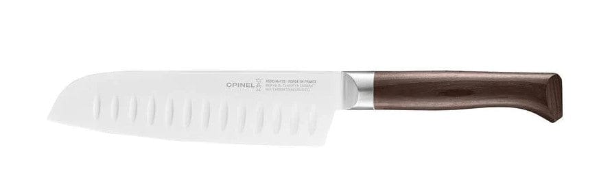 The Opinel Le Forges 1890 Kitchen Knife is a Santoku knife with a wooden handle and a stainless steel X50CrMoV15 blade, featuring a row of grooves.