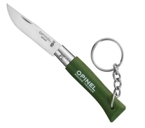 The Opinel Keychain Knife No. 04 is a compact folding knife with a green handle, stainless steel blade, and Opinel logo on both handle and blade—perfect for everyday carry.