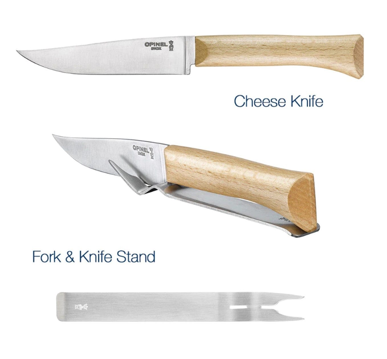 The Opinel Cheese Knife and Fork Set features stainless steel blades, a beech wood handle, and a minimalist design. Includes a sleek stand that displays the knife resting on the fork—perfect for enhancing any cheese platter.