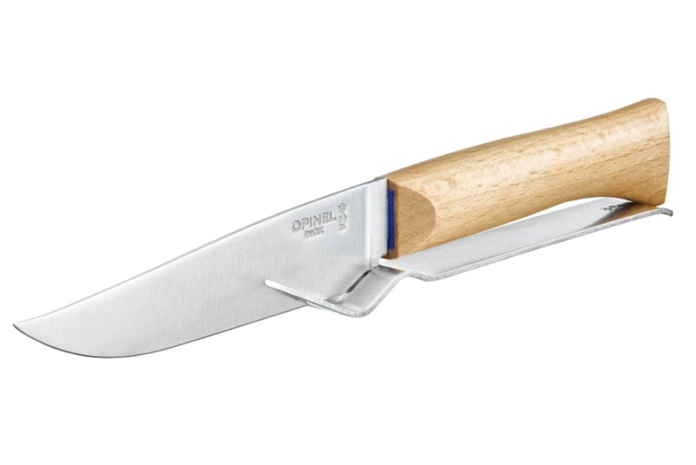 The Opinel Cheese Knife and Fork Set features a stainless steel knife with a curved edge and light beech wood handle, engraved with the brand name—ideal for elevating your cheese platter.