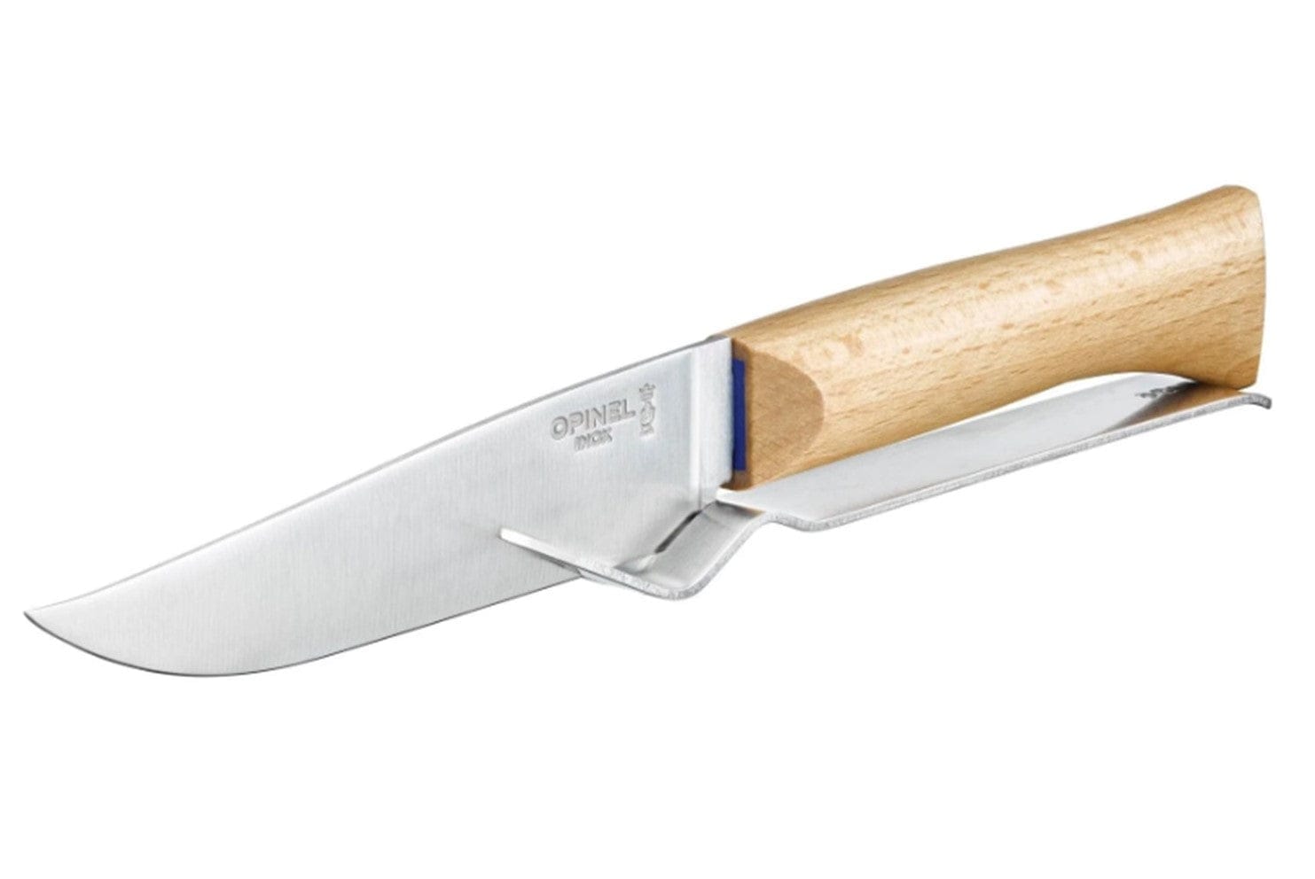 The Opinel Cheese Knife and Fork Set features a stainless steel knife with a curved edge and light beech wood handle, engraved with the brand name—ideal for elevating your cheese platter.