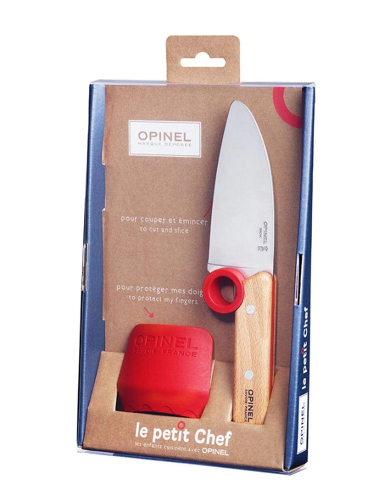The "Le Petit Chef" packaged set by Opinel includes an educational kitchen knife with a wooden handle and stainless steel blades, as well as a finger guard. The mostly blue packaging features a clear window that showcases the items inside.