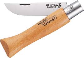 The No. 02 Opinel Folding Knife features a stainless steel blade, partially opened, and a wooden handle.