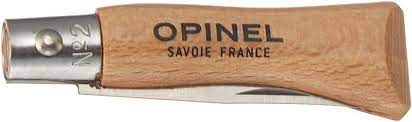 A folded No. 02 Opinel Folding Knife with "Opinel Savoie France" engraved on the wooden handle.