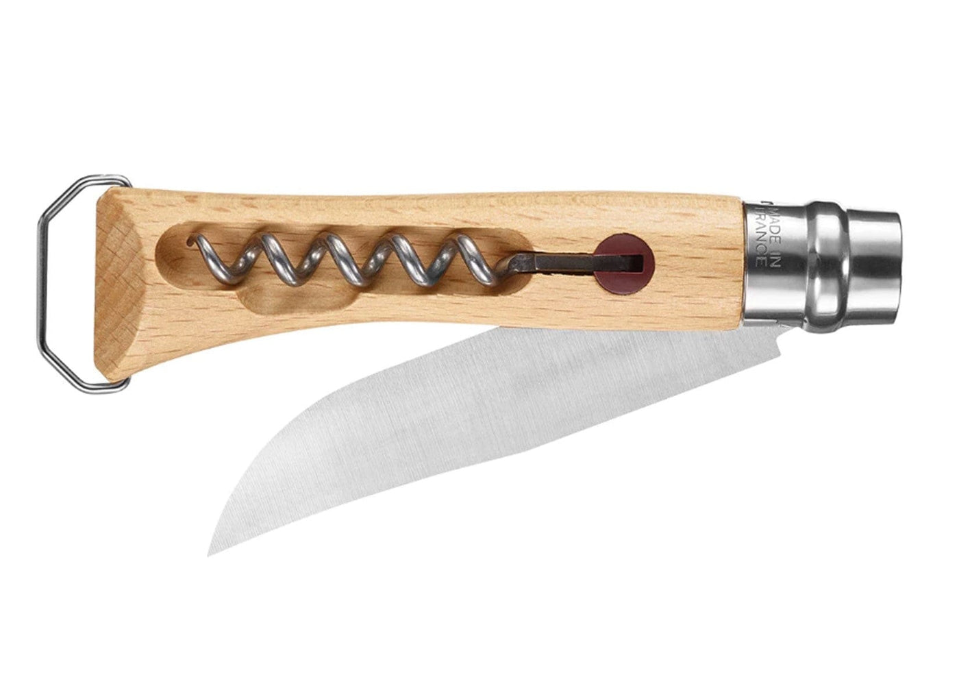 The Opinel No.10 Corkscrew Stainless Steel Folding Knife features a curved blade, integrated corkscrew, and bottle opener, all with a wooden handle, set against a white background.