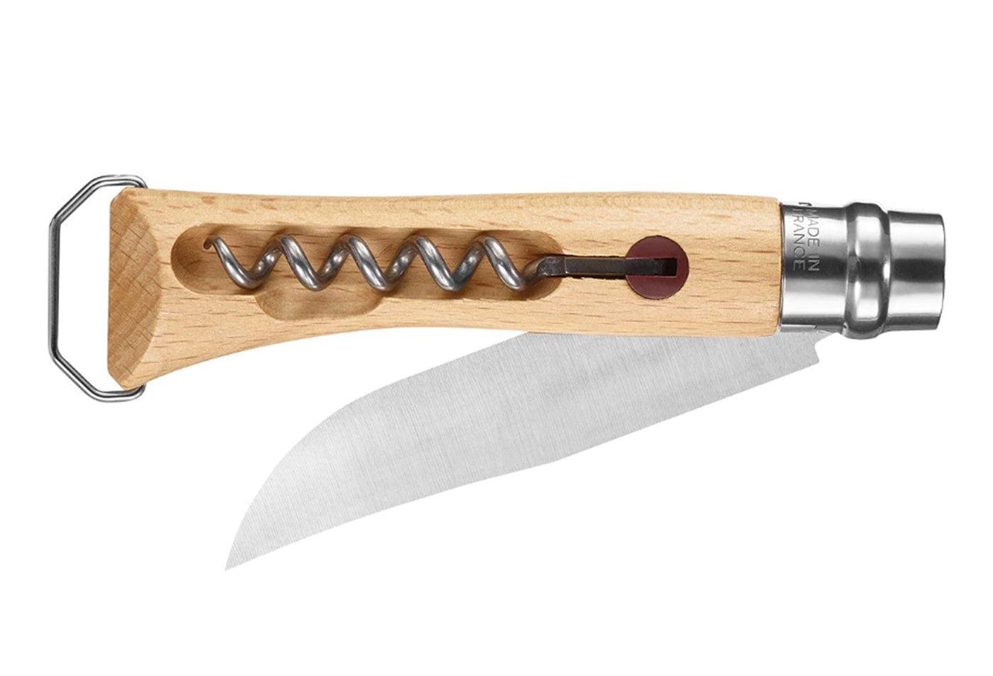The Opinel No.10 Corkscrew Stainless Steel Folding Knife features a wooden handle, integrated corkscrew, and bottle opener—ideal for outdoor adventures.