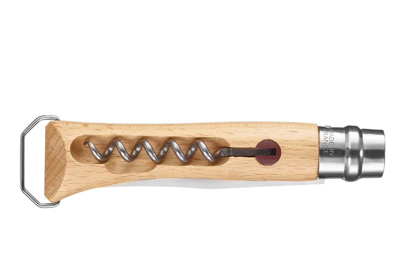 The Opinel No.10 Corkscrew Stainless Steel Folding Knife features a wooden handle, metal spiral, and bottle opener—combining style and function for any collection.