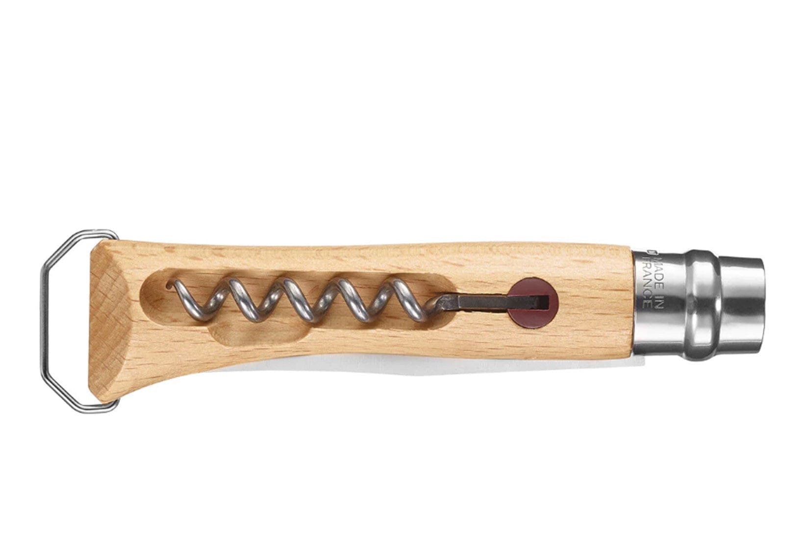 The Opinel No.10 Corkscrew Stainless Steel Folding Knife features a wooden handle, metal spiral, and bottle opener—combining style and function for any collection.