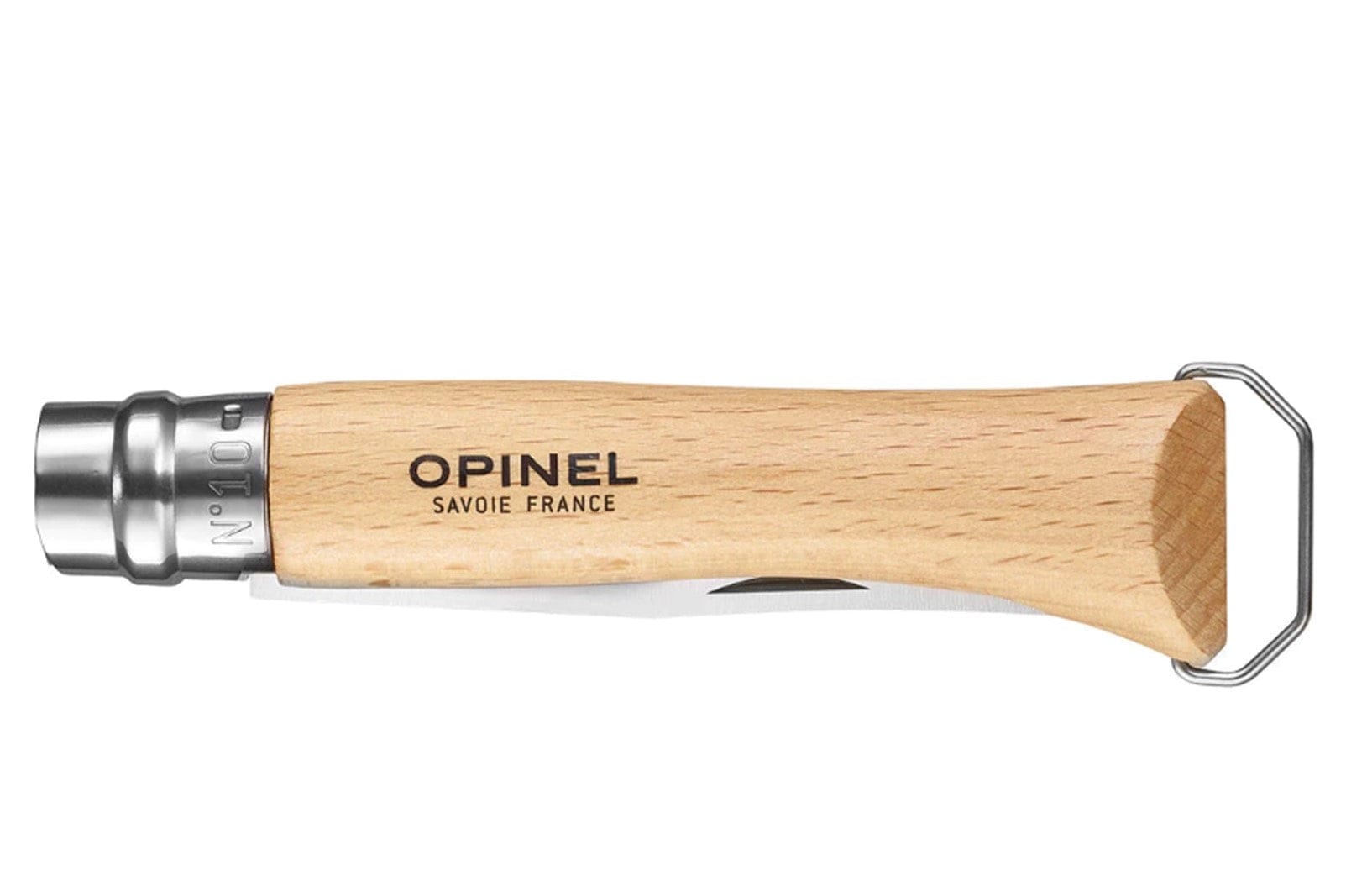 A closed Opinel No.10 Corkscrew Stainless Steel Folding Knife with Bottle Opener featuring a light wooden handle, metal collar, partially visible blade, and OPINEL SAVOIE FRANCE on the handle—ideal for outdoor meals and convenience.