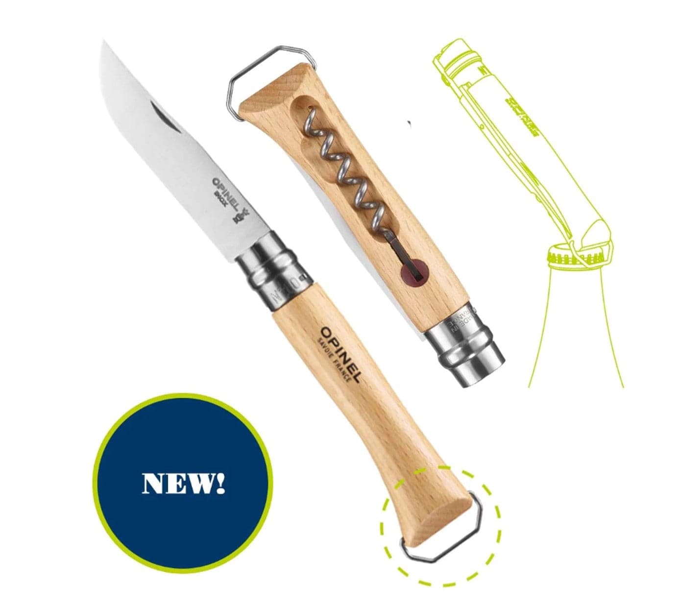 Two wooden-handled Opinel tools: a Picnic Knife with a curved blade and the No.10 Corkscrew Stainless Steel Folding Knife with Bottle Opener. A green outline sketch shows their locking system; a blue NEW! circle highlights their innovative design.
