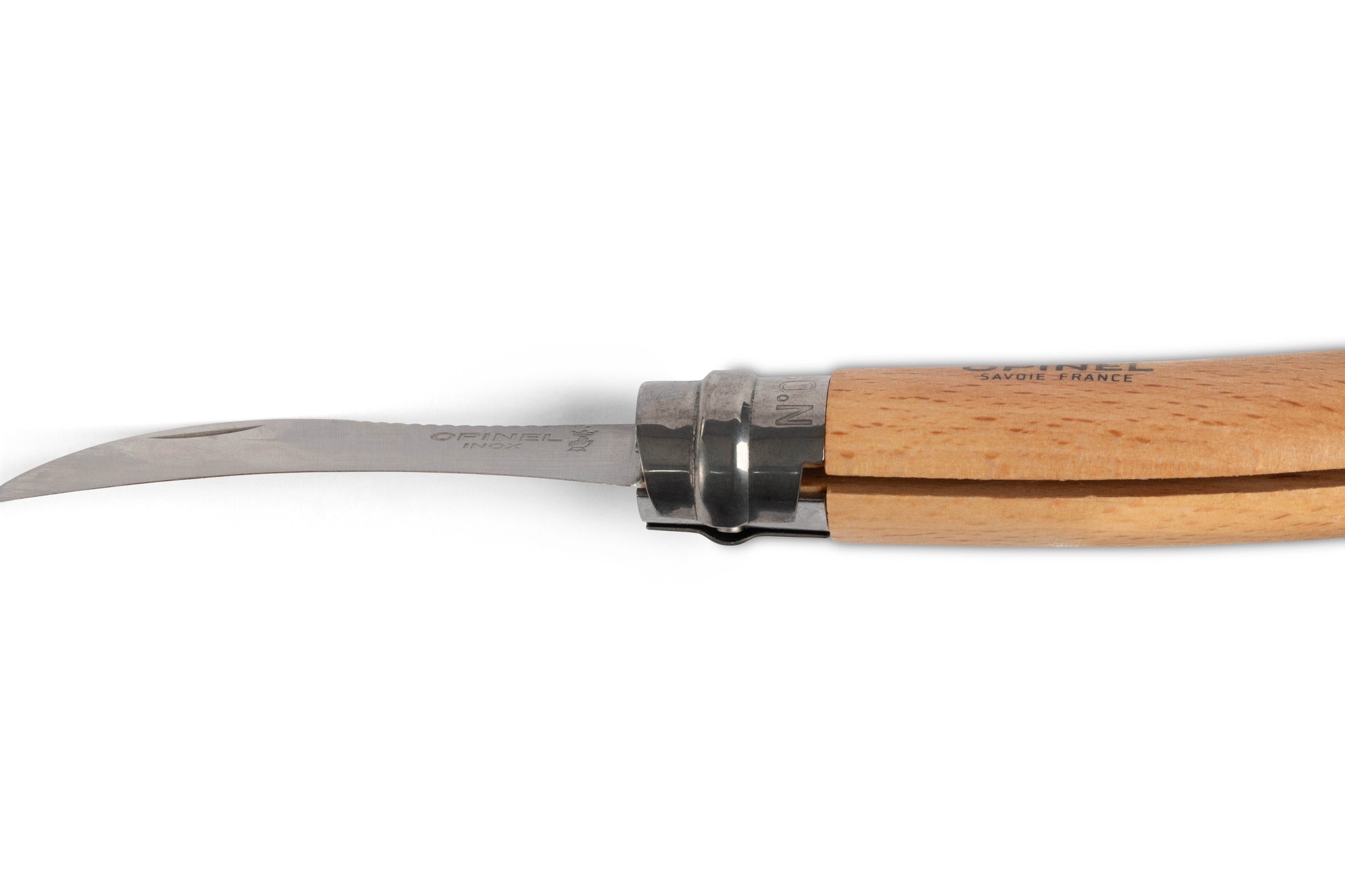 The Opinel Mushroom Knife by Opinel features a curved, pointed stainless steel blade and a light wood handle, shown partially open on a white background—an ideal tool for mushroom foraging enthusiasts.