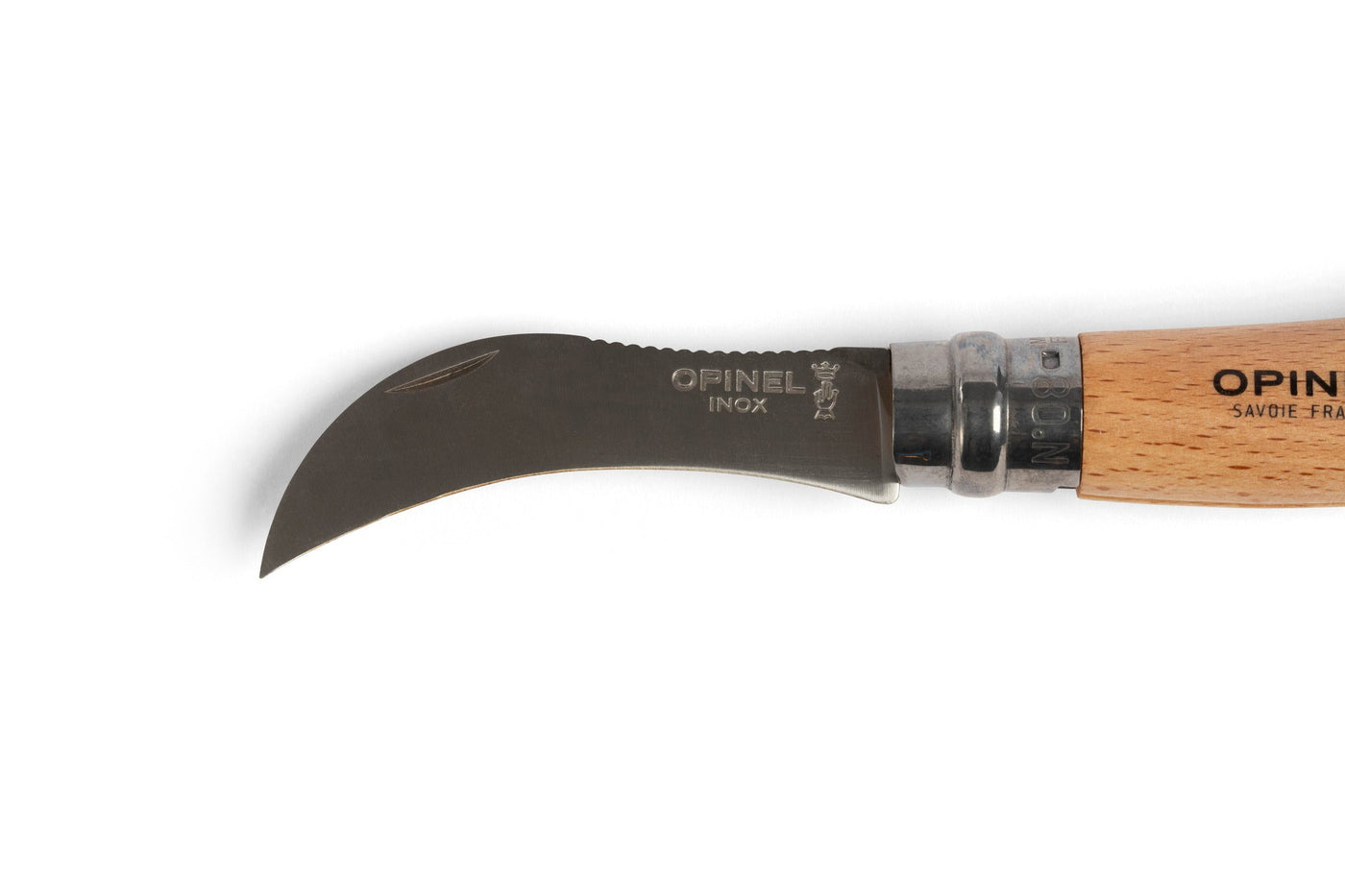 A close-up of the Opinel Mushroom Knife, a folding knife by Opinel featuring a curved stainless steel blade and wooden handle, ideal for mushroom picking, gardening, and pruning.
