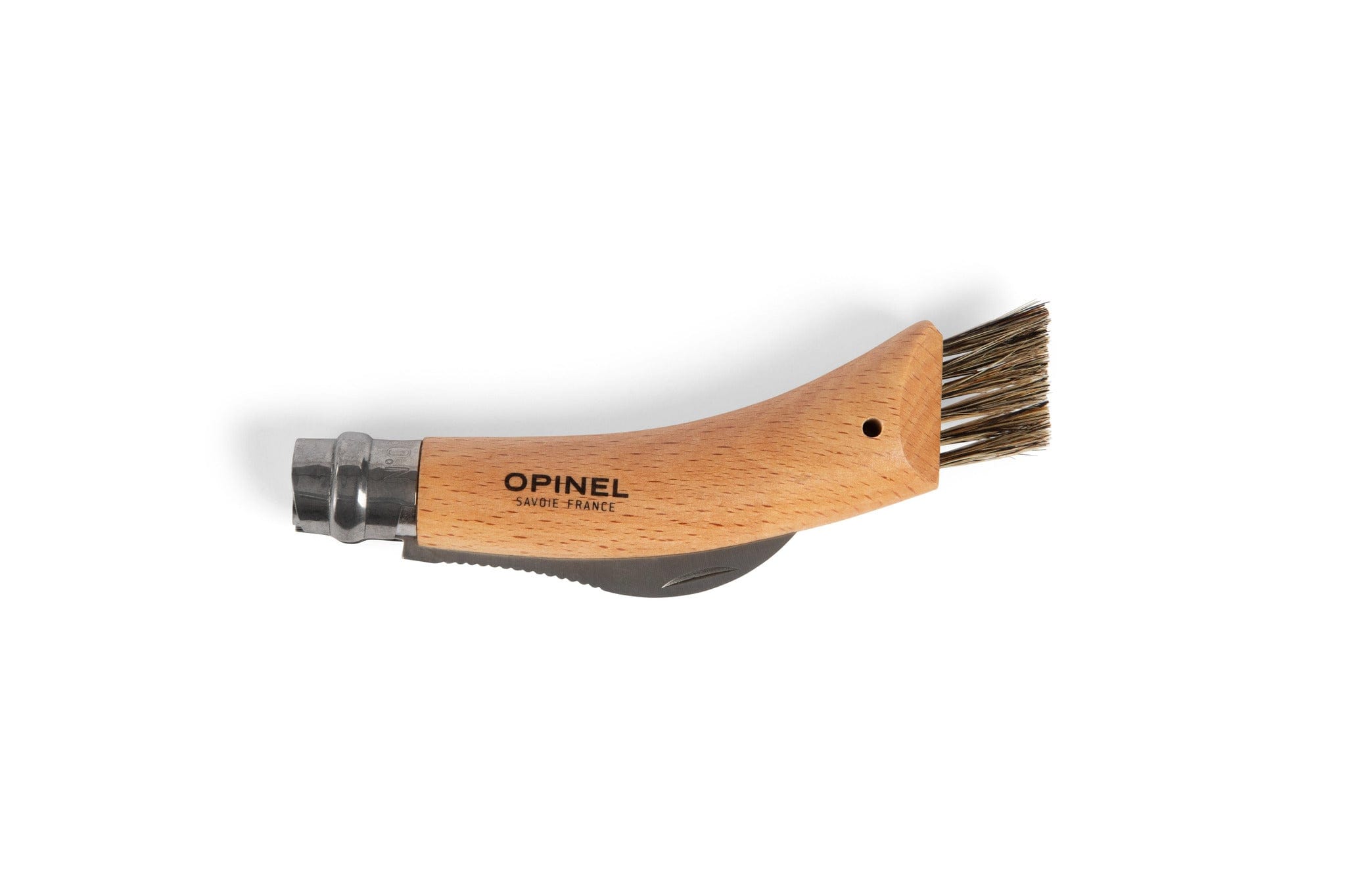 The Opinel Mushroom Knife by Opinel features a curved wooden handle, foldable stainless steel blade, and a small boar bristle brush—ideal for foraging or cleaning mushrooms. Displayed against a white background.