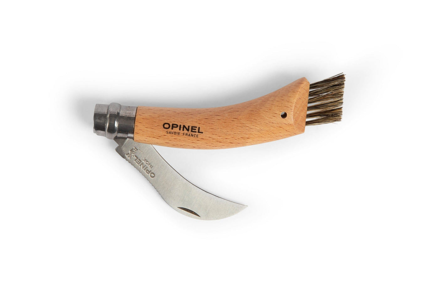 The Opinel Mushroom Knife by Opinel features a wooden handle, curved stainless steel blade, and attached boar bristle brush—an ideal tool for foraging and mushroom picking enthusiasts.