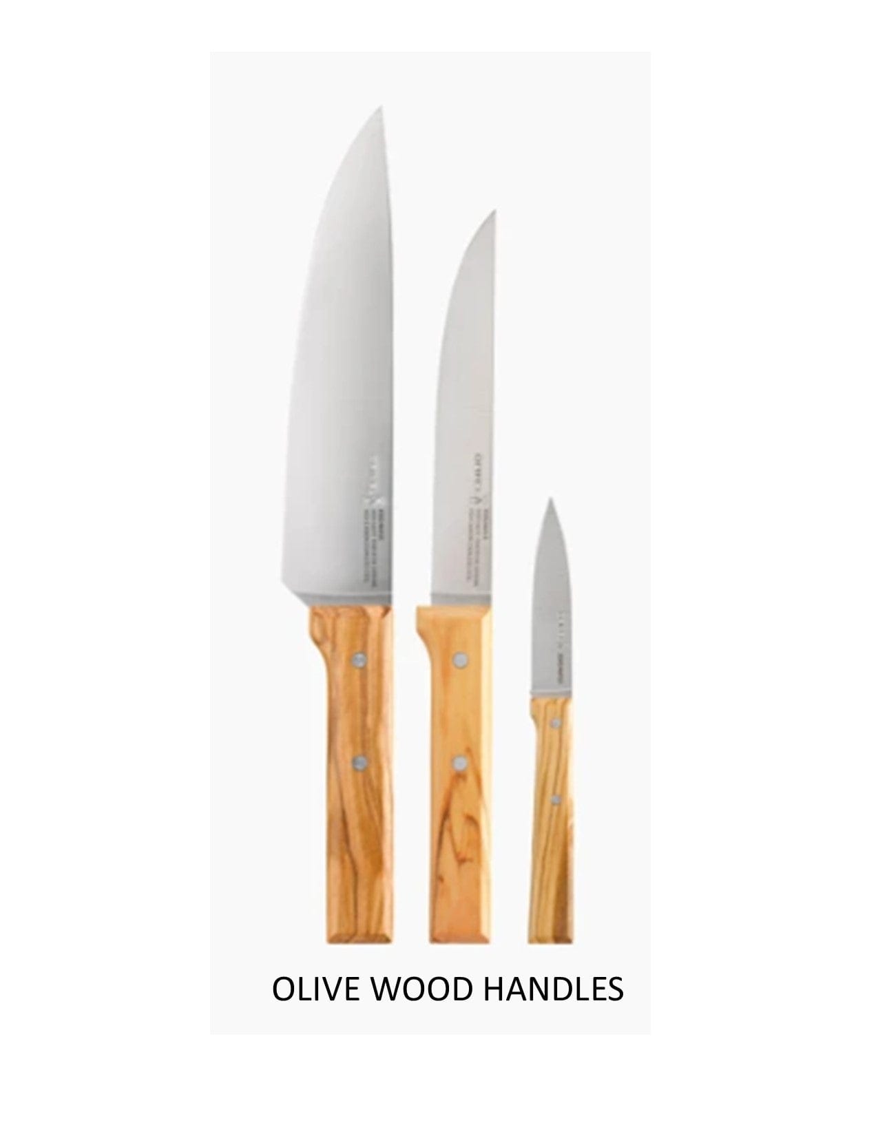 The Opinel Trio Parallele by Opinel features three kitchen knives with shiny stainless steel blades and light olive wood handles, arranged from largest to smallest, with OLIVE WOOD HANDLE underneath.