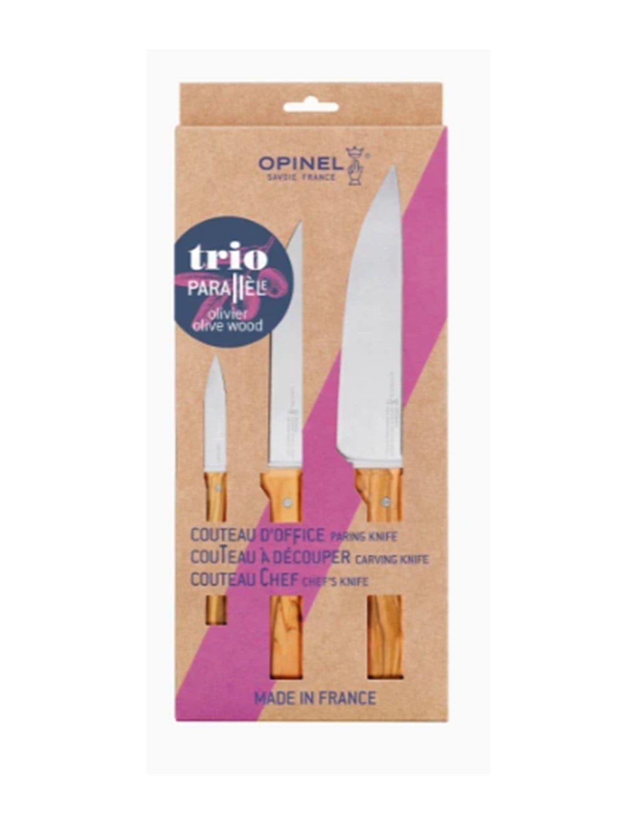The Opinel Trio Parallele boxed set features three stainless steel kitchen knives (paring, carving, chef’s) with olive wood handles, displayed vertically in branded packaging labeled Made in France.
