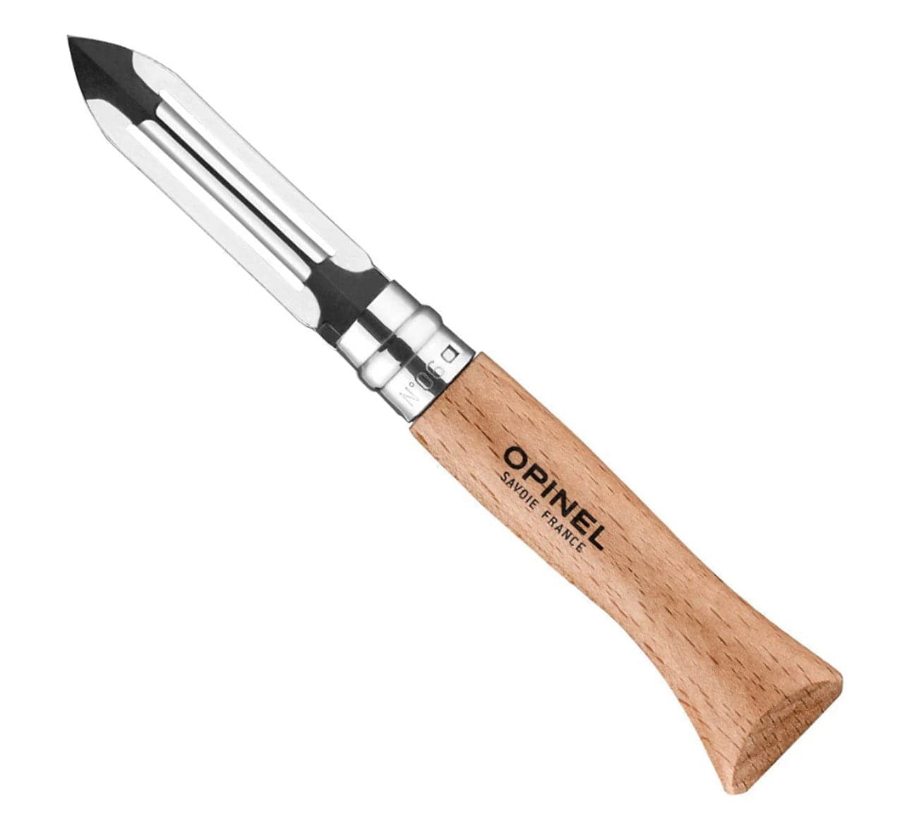 The Opinel Folding Peeler features a pointed, double-edged stainless steel blade and a light wood handle. Compact and durable, its ideal for camping or outdoor cooking. The peeler is branded Opinel Savoie France and shown against a white background.