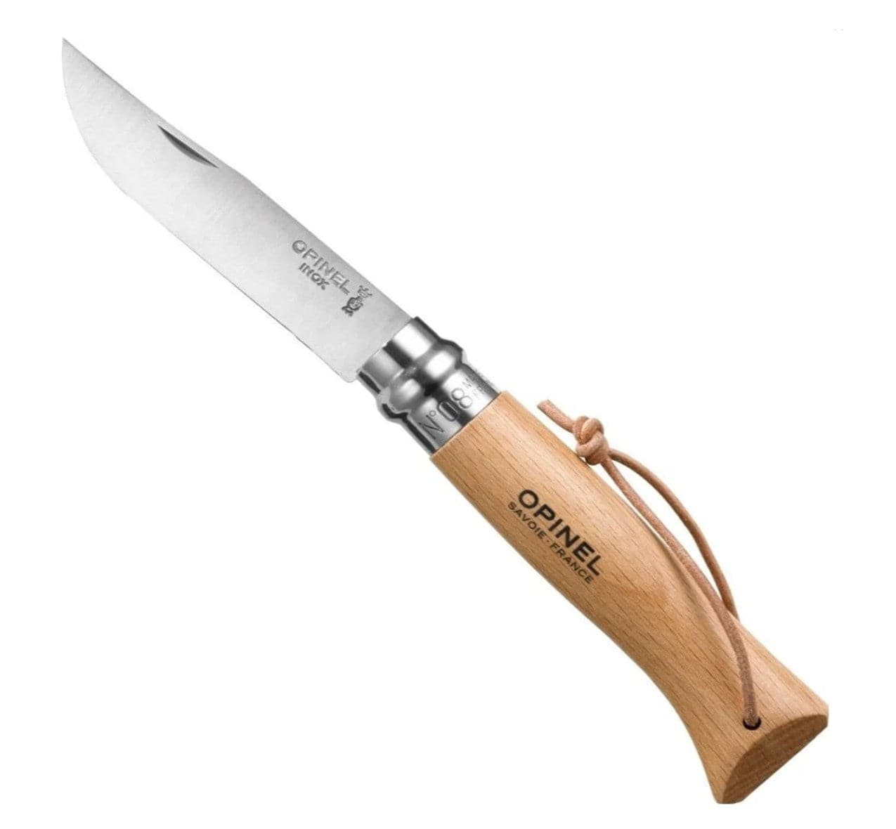 The Opinel N08 Stainless Steel Folding Knife features a light wooden handle, Virobloc locking collar, and a leather lanyard, combining classic Opinel design with safety and portability.