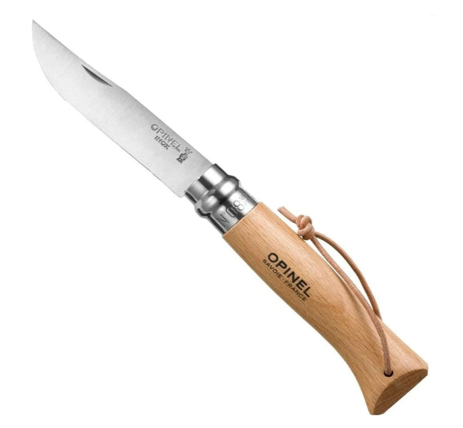 The Opinel N08 Stainless Steel Folding Knife features a light wooden handle, Virobloc locking collar, and a leather lanyard, combining classic Opinel design with safety and portability.
