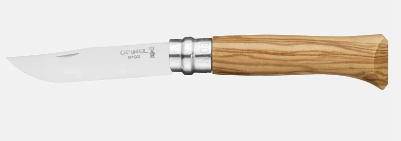 The Opinel No 08 Stainless Knife by Opinel features a stainless steel blade, safety ring, elegant olive wood handle, and distinctive Opinel engraving—combining style with functionality.