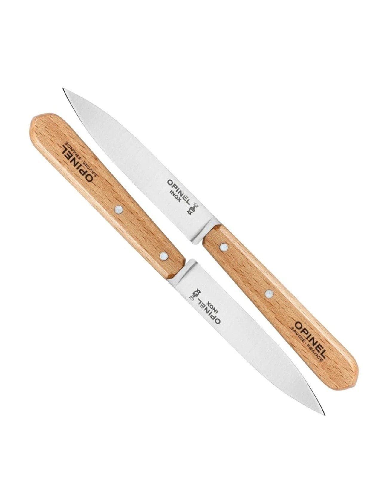 Two Opinel Paring Knives from the Opinel Paring Knives Set of Two, featuring beech wood handles and stainless steel blades with visible Opinel branding, are arranged in a crisscross pattern on a white background.