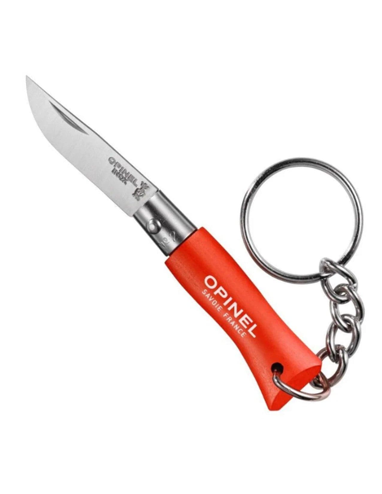 The Opinel Keychain Knife No. 04 by Opinel features a red handle marked OPINEL SAVOIE FRANCE and a shiny, open blade. Attached to a metal keychain, its perfect for everyday carry.